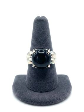 New Black Agate Polished Sterling Silver Handmade Round Cut Heart Gemstone Ring
